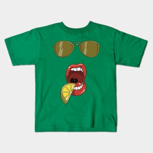 Mouth about to eat a slice of a yellow lemon and matching yellow sun glasses Kids T-Shirt